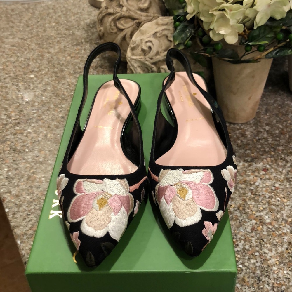Kate Spade black embroidered floral flats